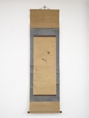 館霞舫筆　鶴図　肉筆絹本掛軸（保護箱）